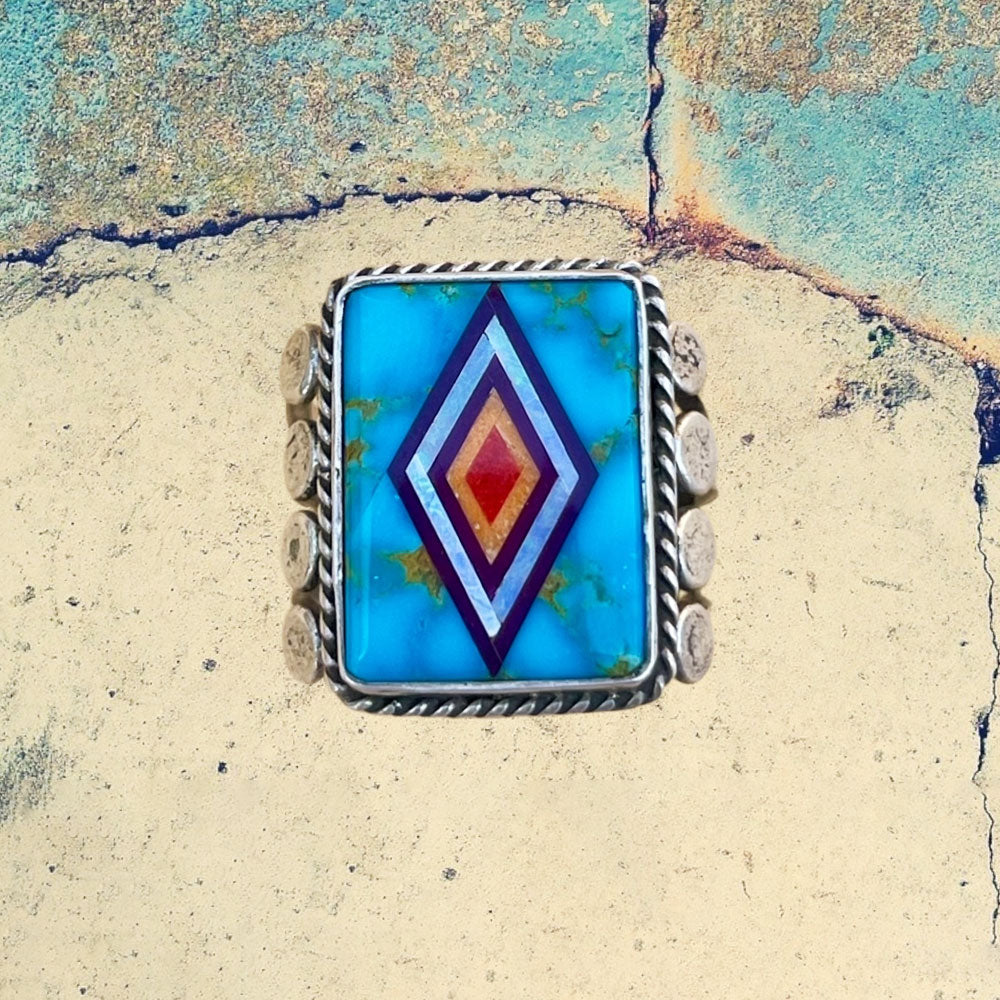 Sterling Silver Men's Large Rectangle Turquoise Inlay Ring