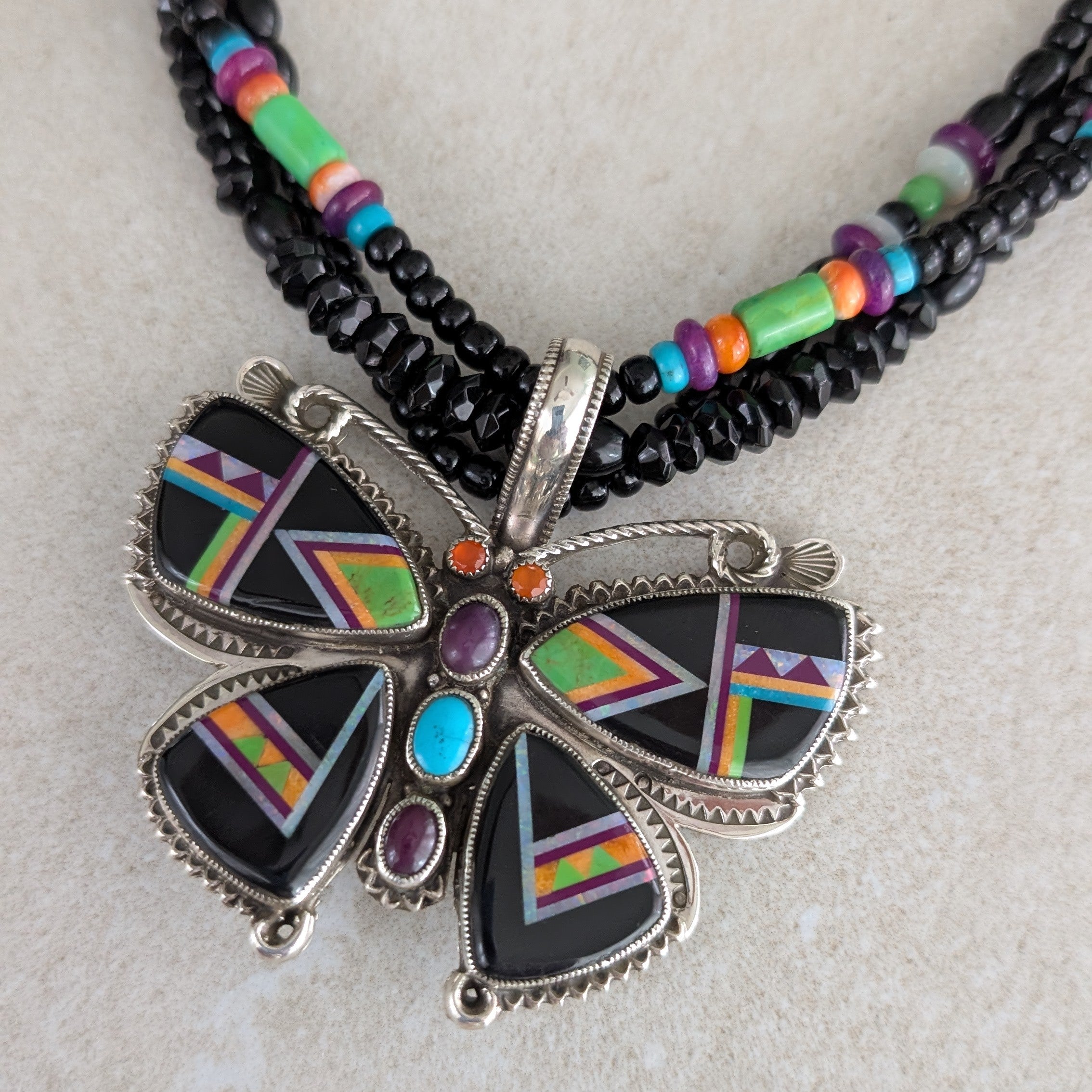 Sterling Silver Jet Butterfly Inlay Pendant with Beaded Necklace
