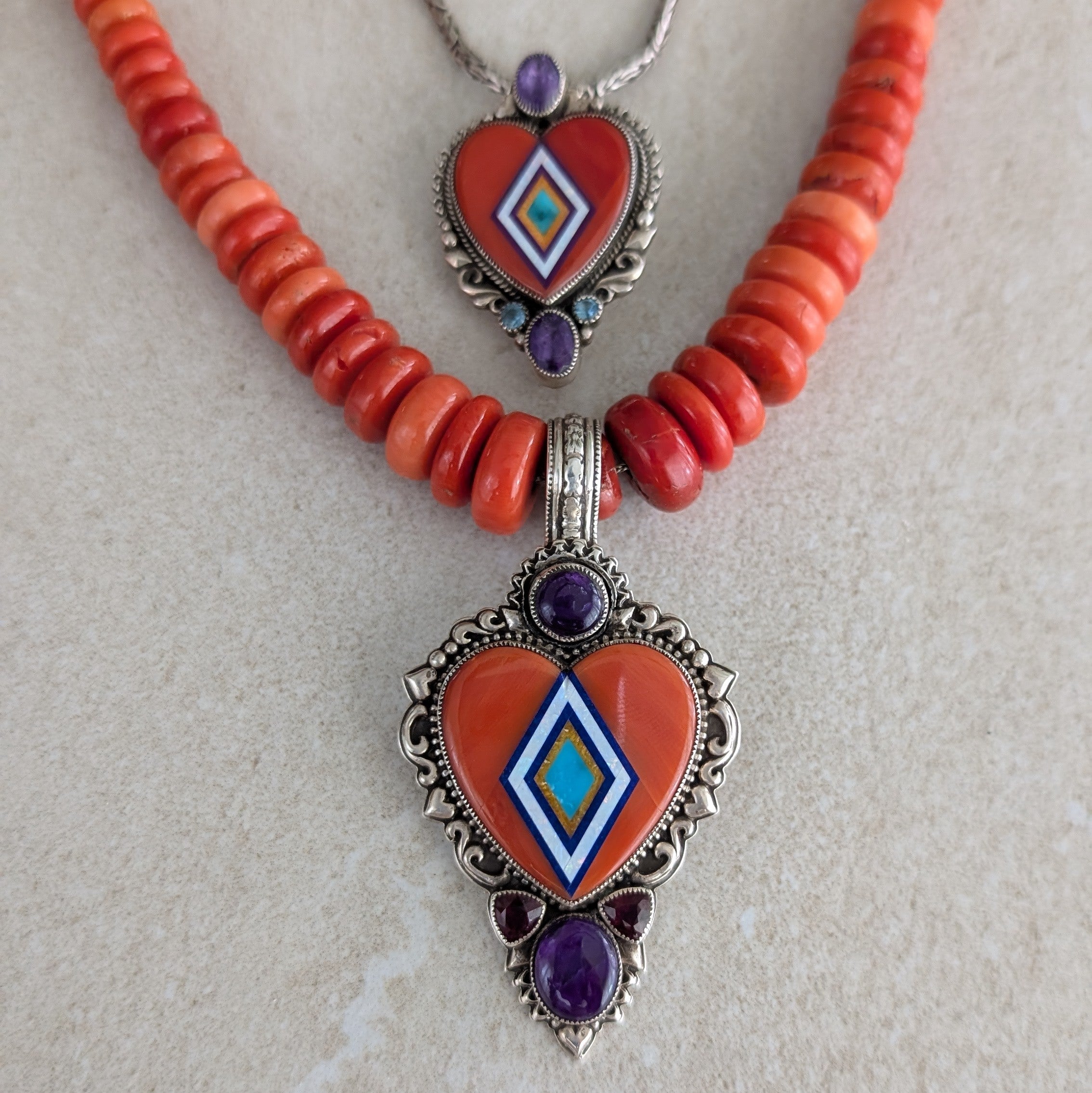 Sterling Silver Red Coral Heart Inlay with Sugilite and Rubies Beaded Necklace with Inlay Clasp