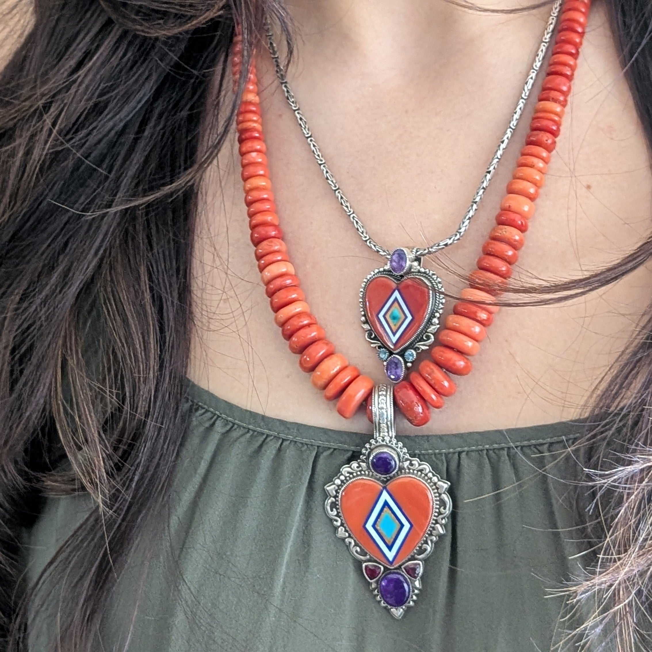 Sterling Silver Red Coral Heart Inlay with Sugilite and Rubies Beaded Necklace with Inlay Clasp