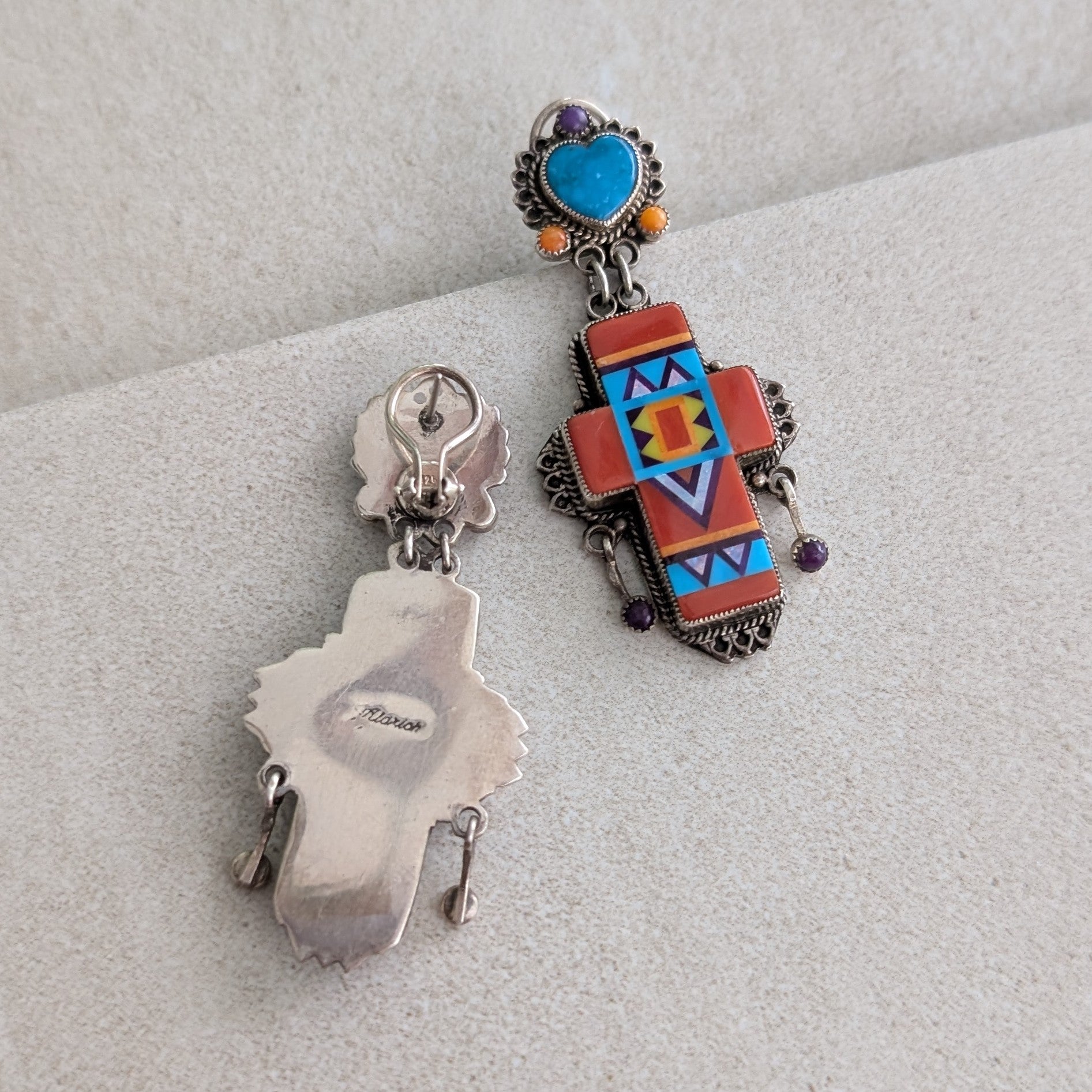 Sterling Silver Red Coral Cross Earrings with Turquoise