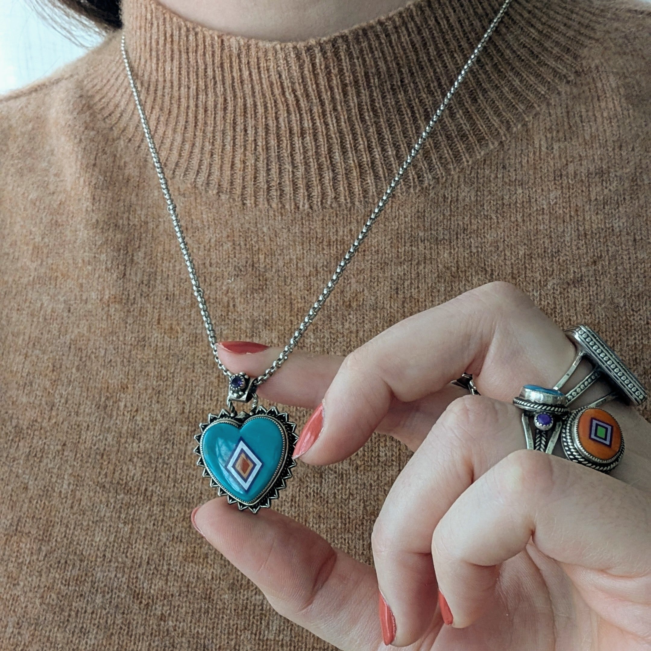 Sterling Silver Large Green Turquoise Heart Inlay and Amethyst Pendant With Hanging Bail