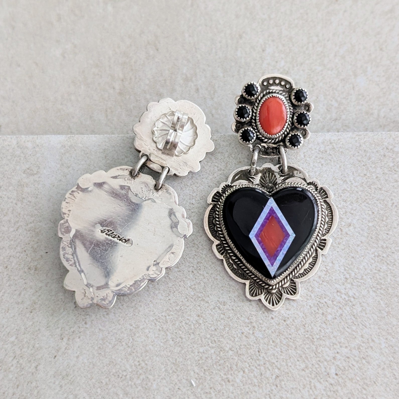 Sterling Silver Jet Heart Inlay with Red Coral and Sugilite Earrings