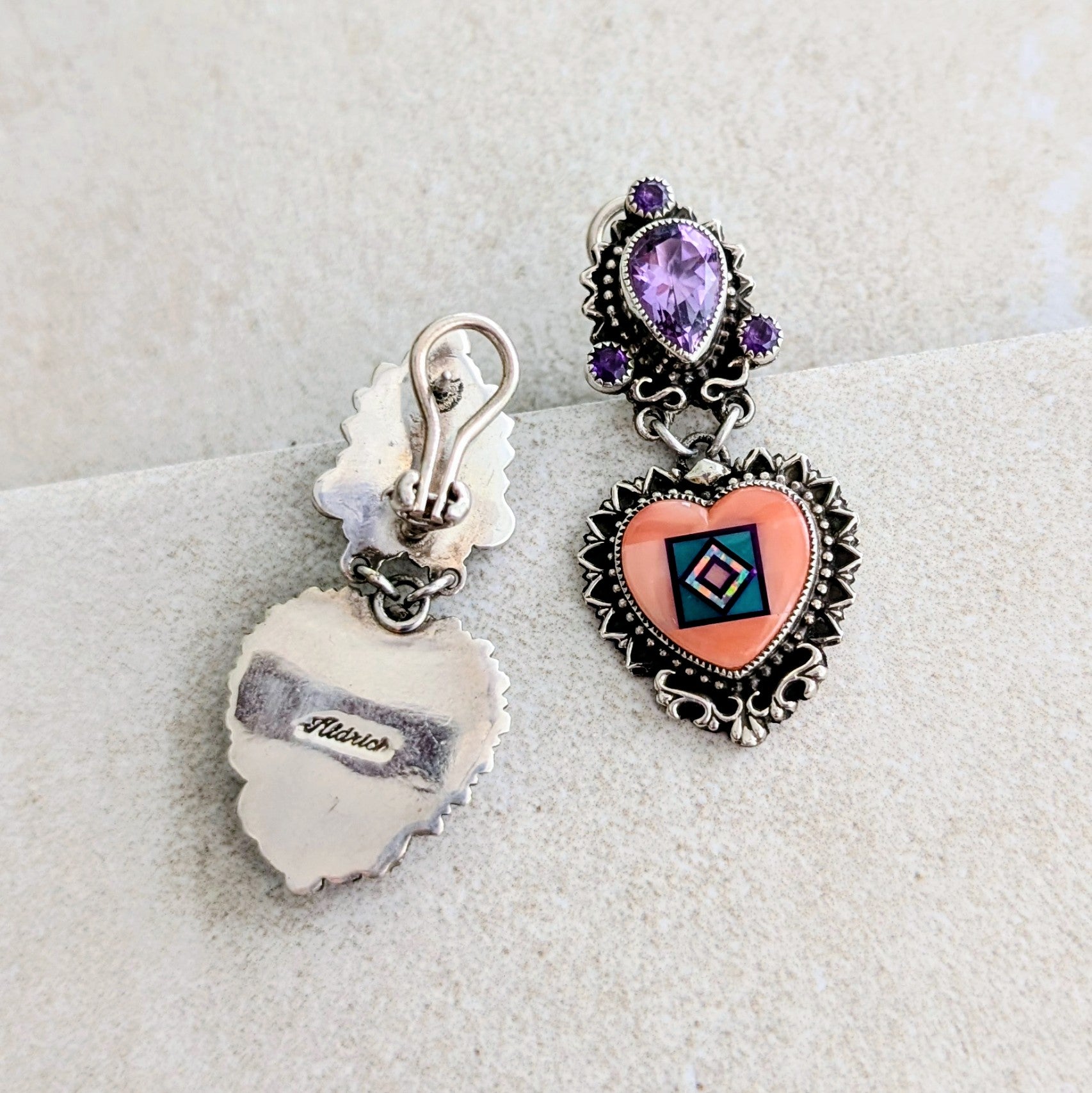 Sterling Silver Pink Coral Inlay with Amethyst Earrings