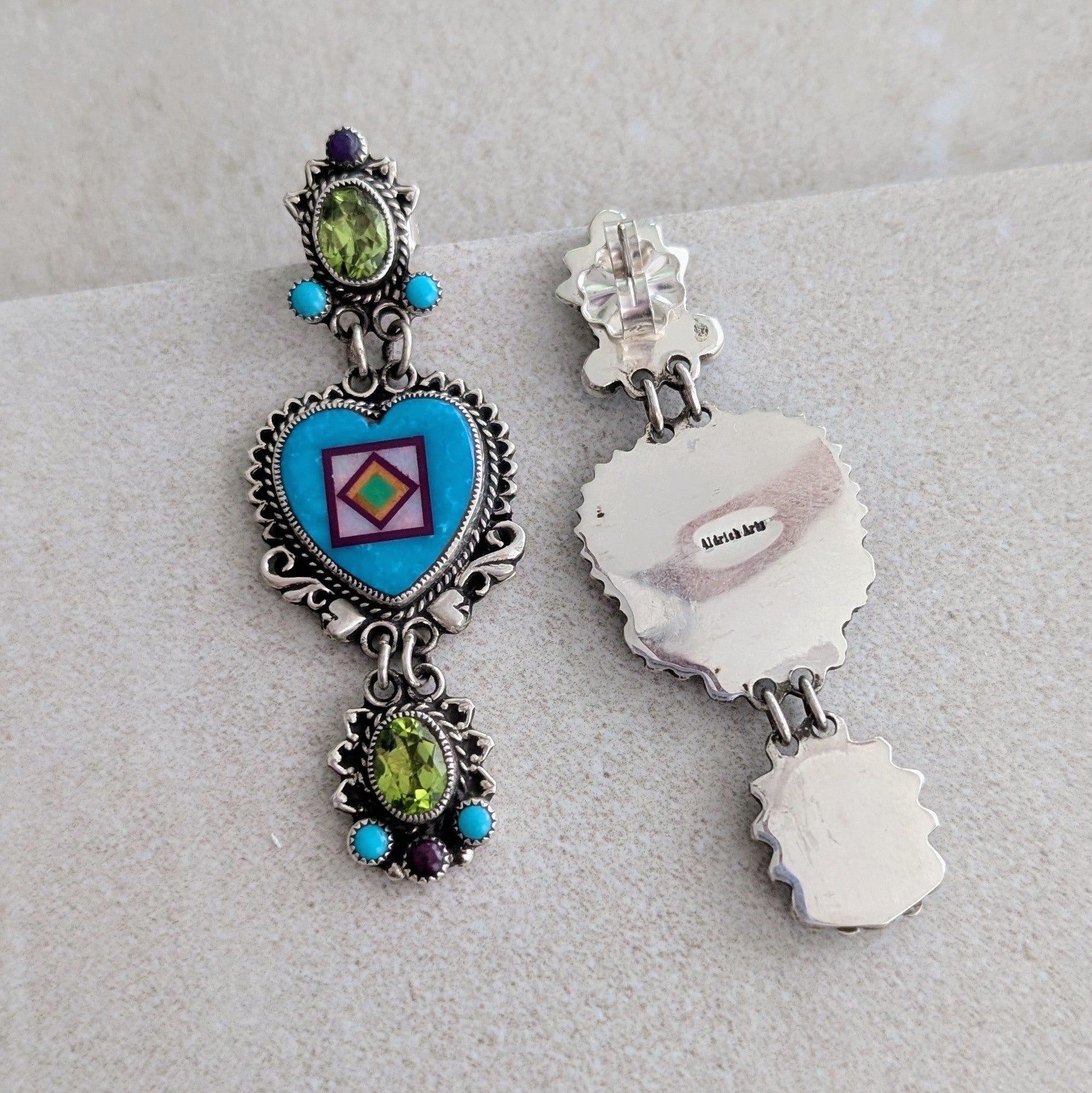 Sterling Silver Turquoise Heart Inlay With Peridot Earrings