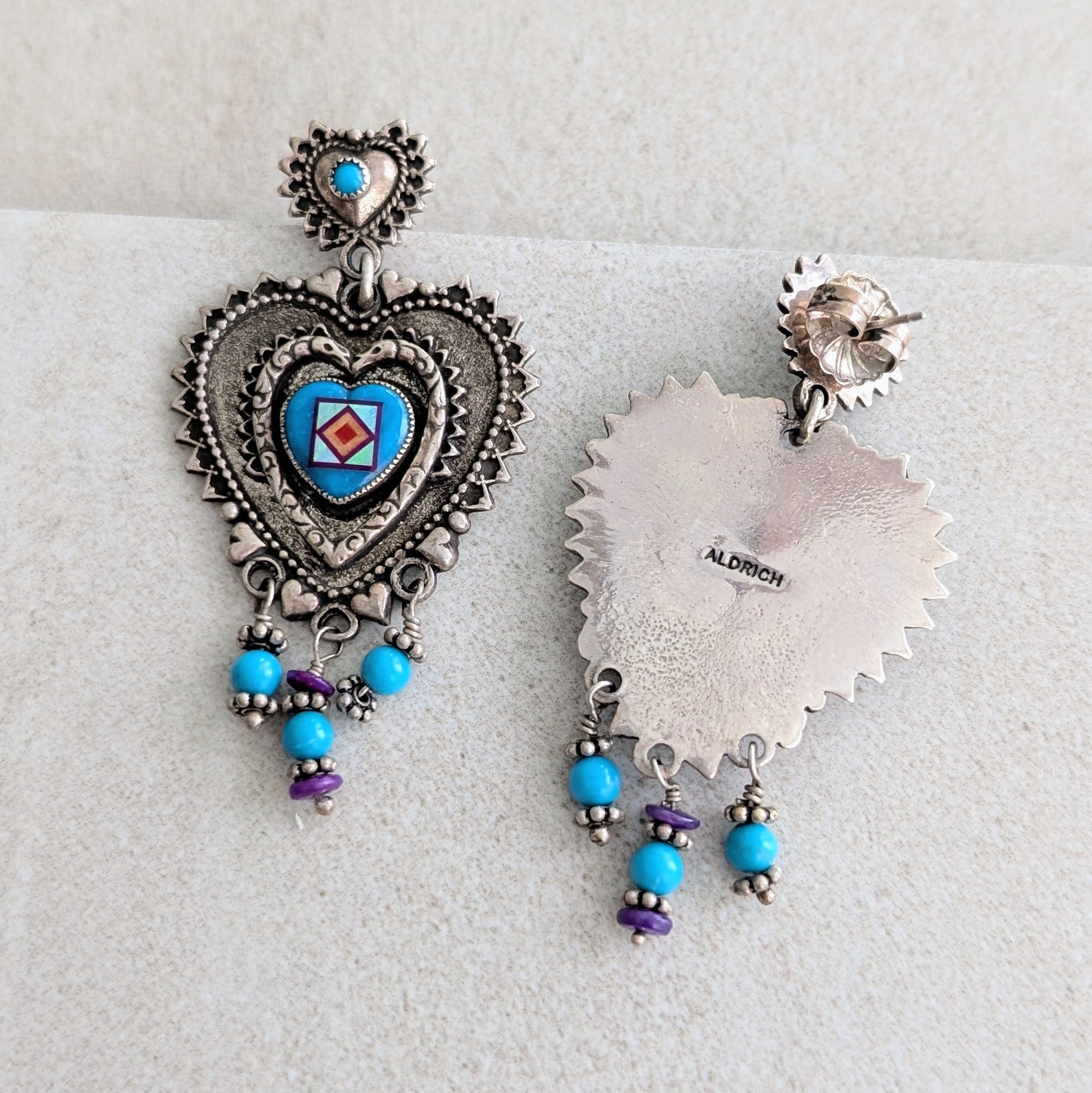 Sterling Silver Intricate Turquoise Heart Inlay with Beaded Dangles Earrings