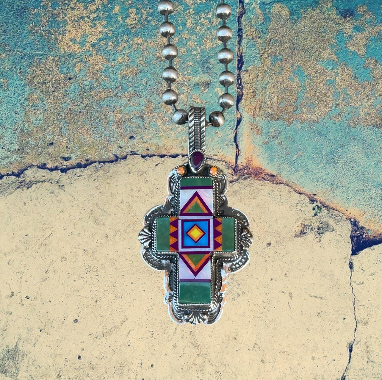 Sterling Silver Green Turquoise Fancy Cross Inlay with Bead Chain Pendant Necklace