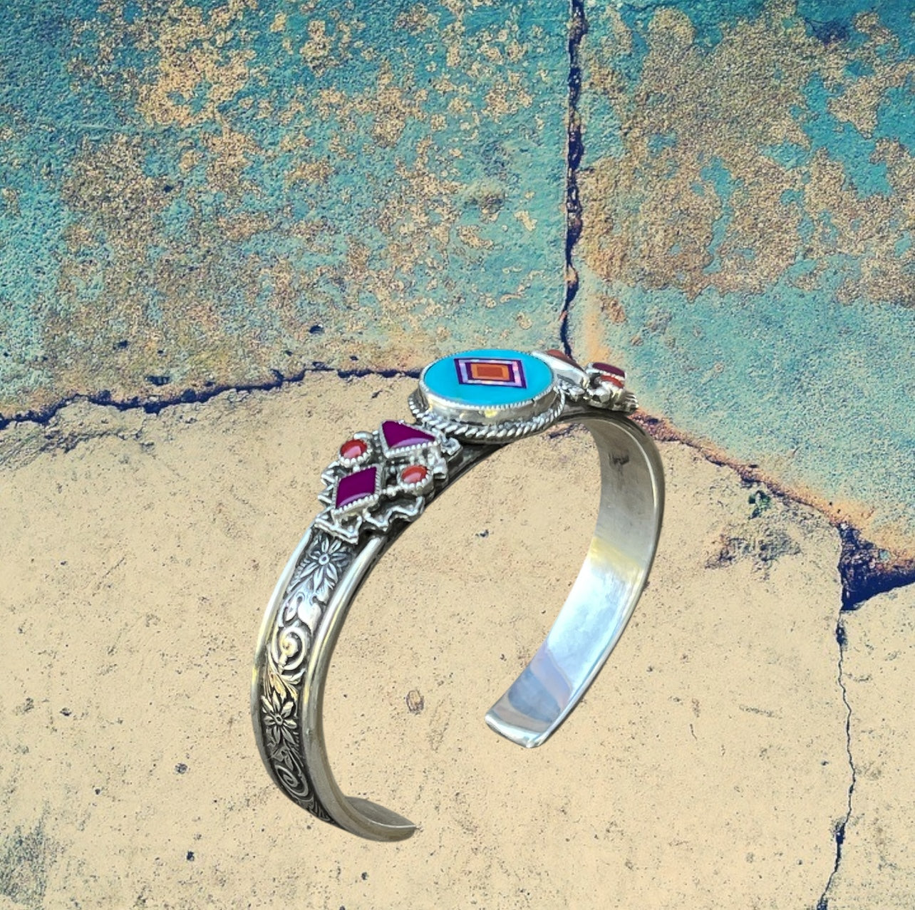 Sterling Silver Blue Turquoise Oval Inlay with sugilite and red coral Cuff Bracelet