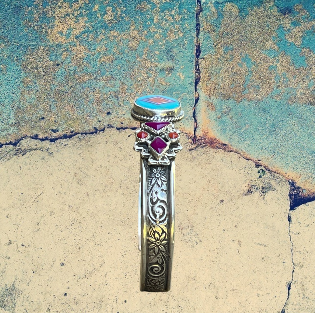 Sterling Silver Blue Turquoise Oval Inlay with sugilite and red coral Cuff Bracelet