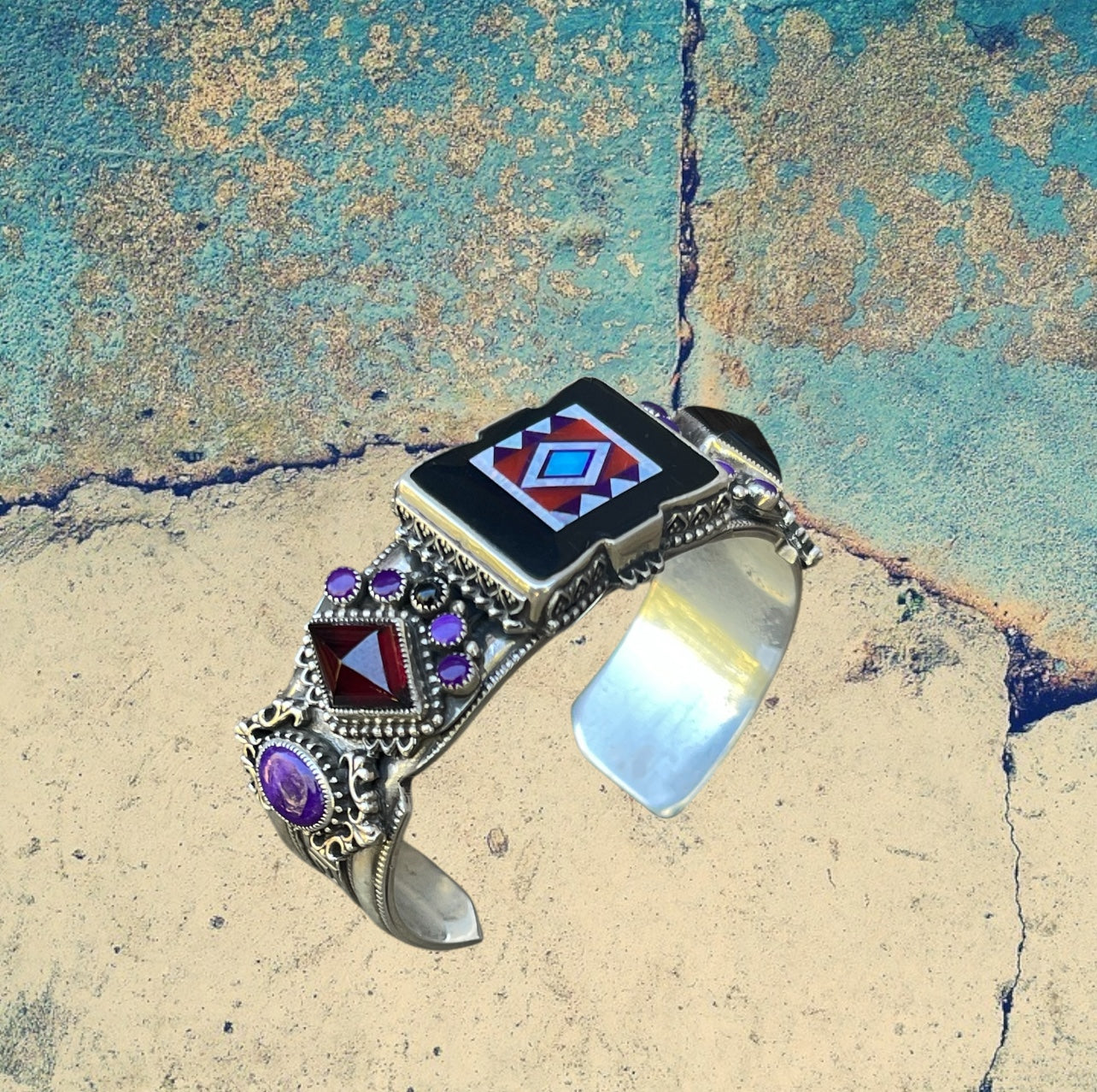 Sterling Silver Jet Rectangle Inlay Cuff Bracelet with Garnet