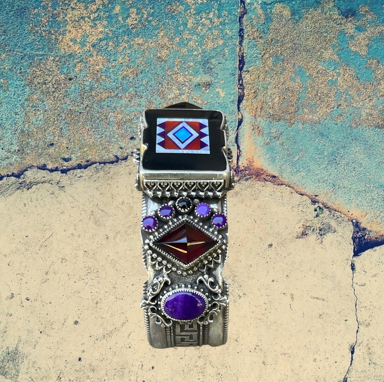 Sterling Silver Jet Rectangle Inlay Cuff Bracelet with Garnet