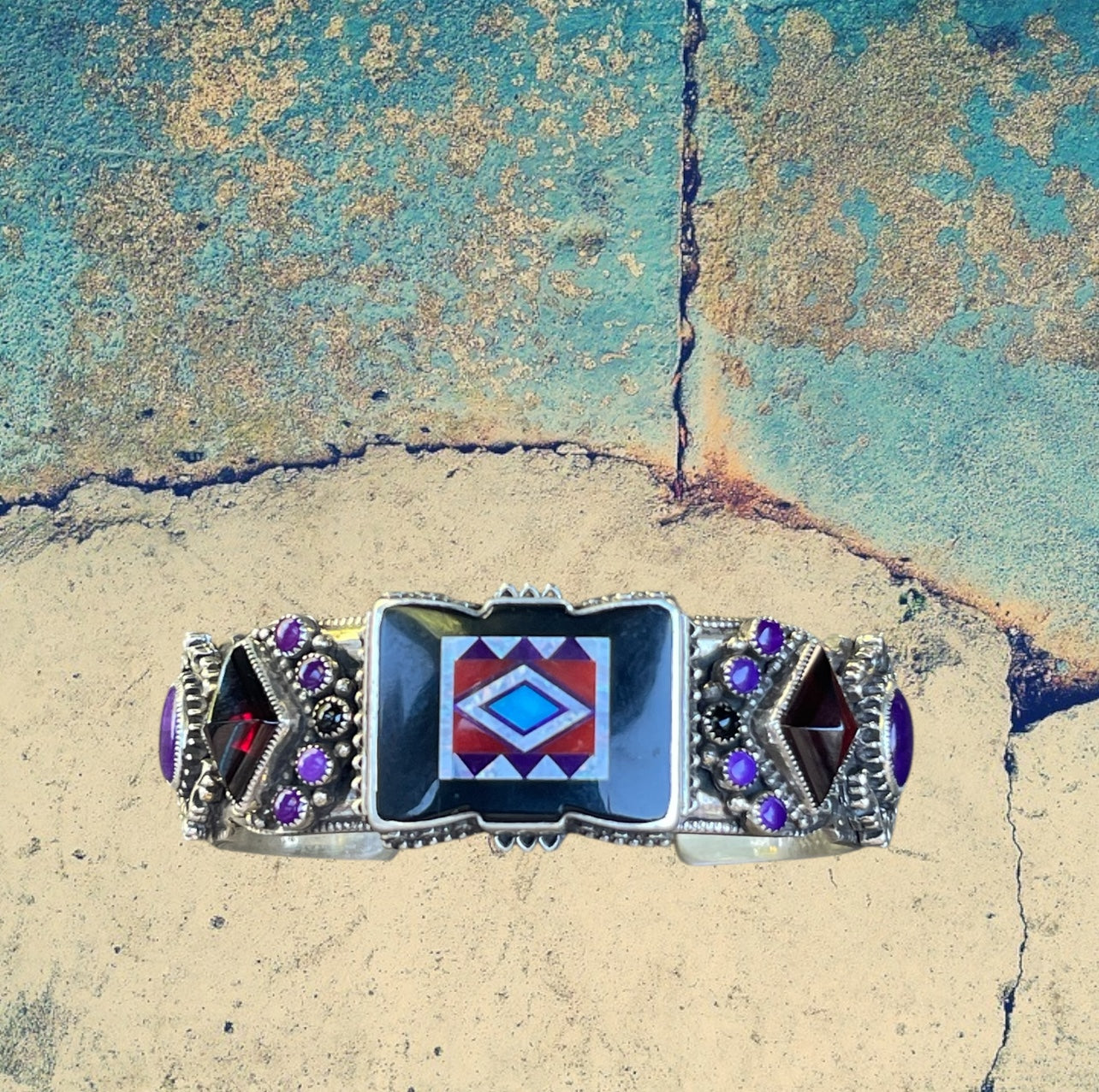 Sterling Silver Jet Rectangle Inlay Cuff Bracelet with Garnet