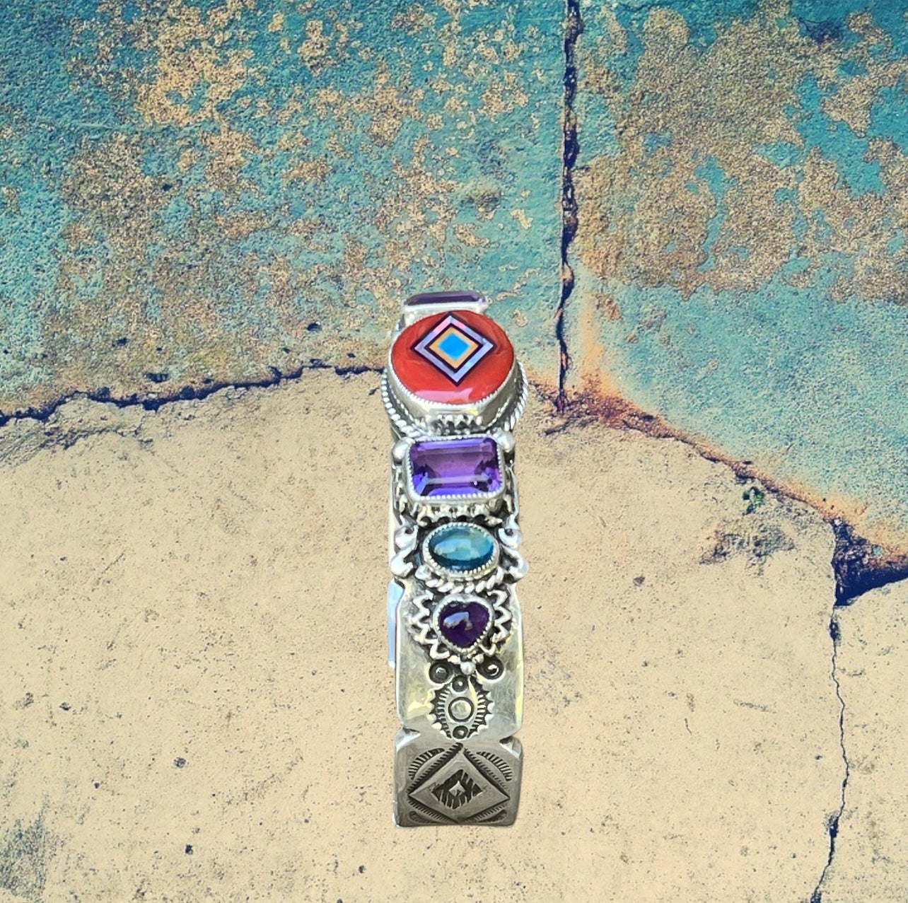 Sterling Silver Red Coral Oval Inlay with Ruby, Carnelian, Amethyst and Blue Topaz Cuff  Bracelet