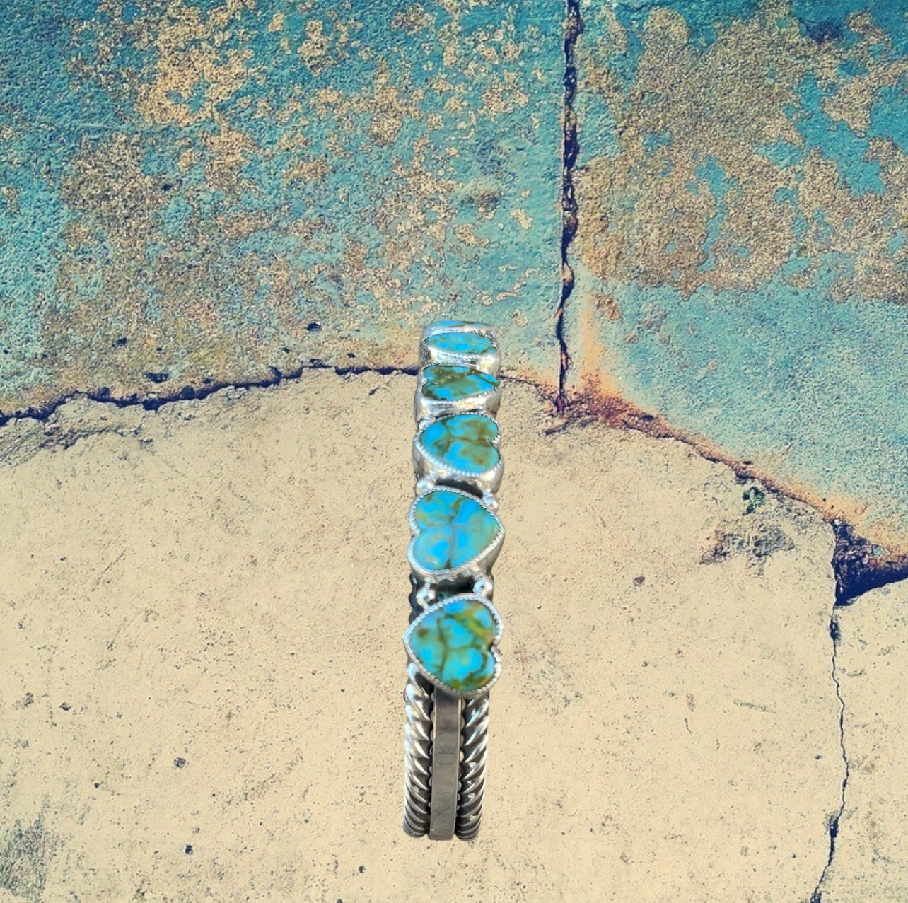 Sterling Silver Kingman Polychrome Turquoise Heart Row Bracelet