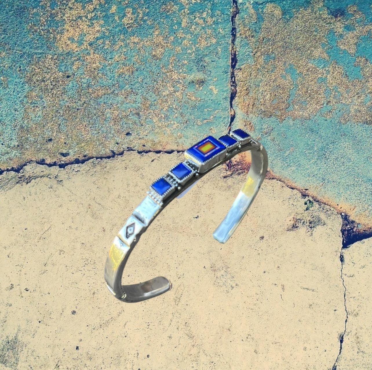 Sterling Silver Rectangle Lapis Lazuli Inlay Cuff Bracelet