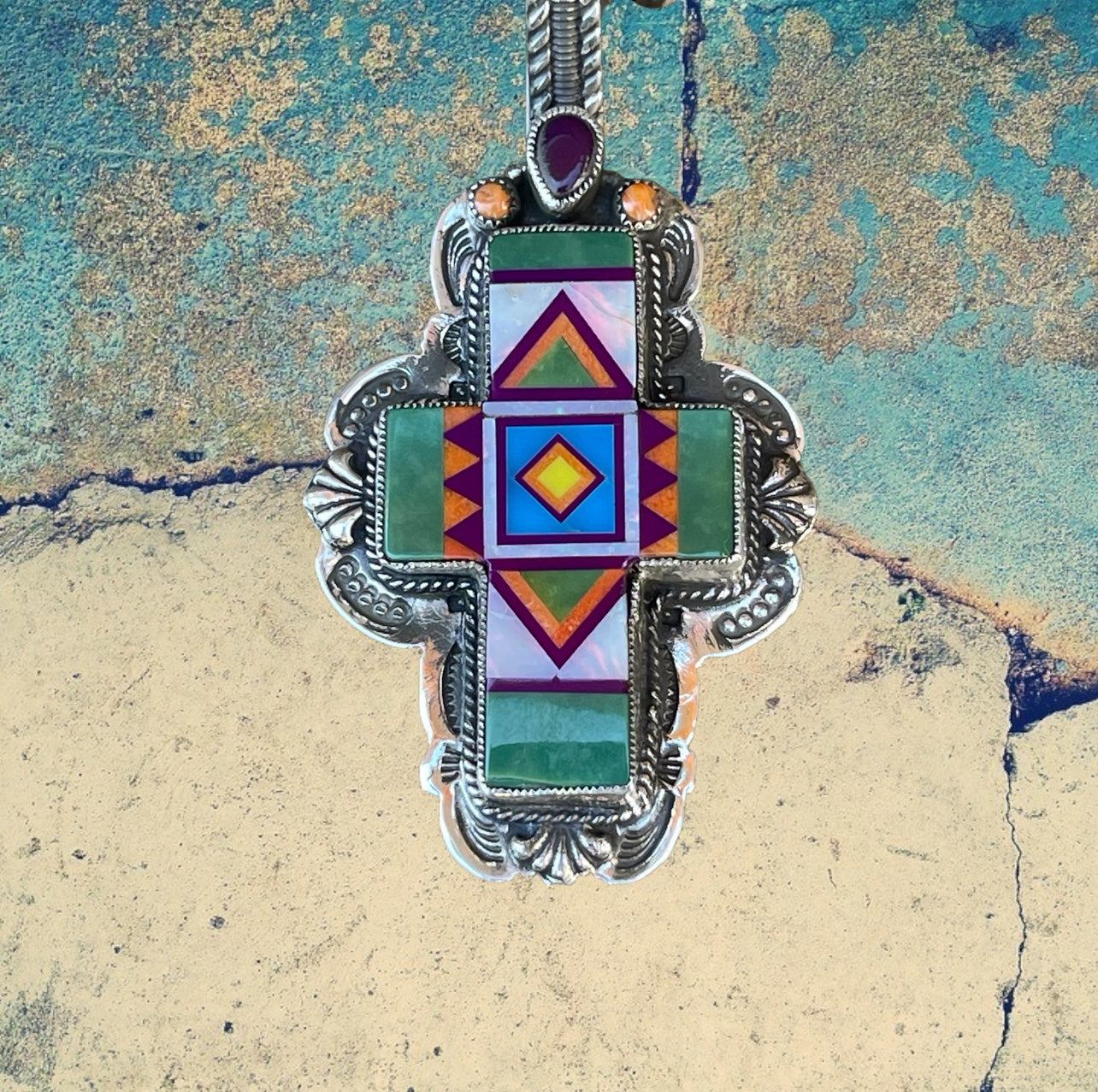 Sterling Silver Green Turquoise Fancy Cross Inlay with Bead Chain Pendant Necklace