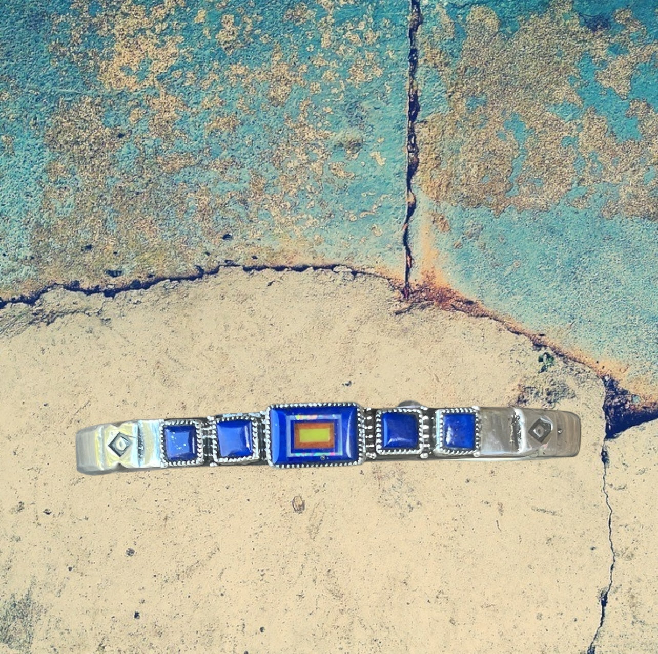 Sterling Silver Rectangle Lapis Lazuli Inlay Cuff Bracelet