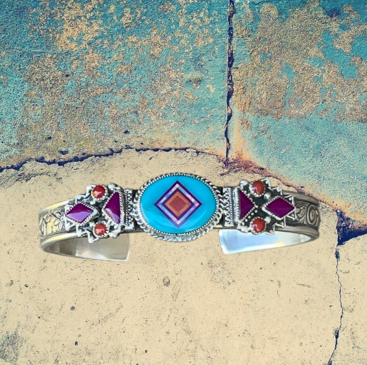 Sterling Silver Blue Turquoise Oval Inlay with sugilite and red coral Cuff Bracelet