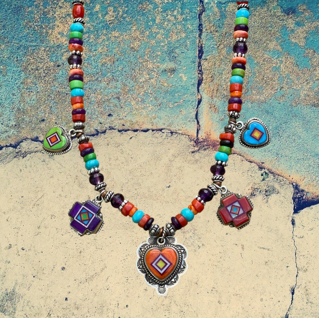 Sterling Silver Multicolor Inlay Charm Necklace