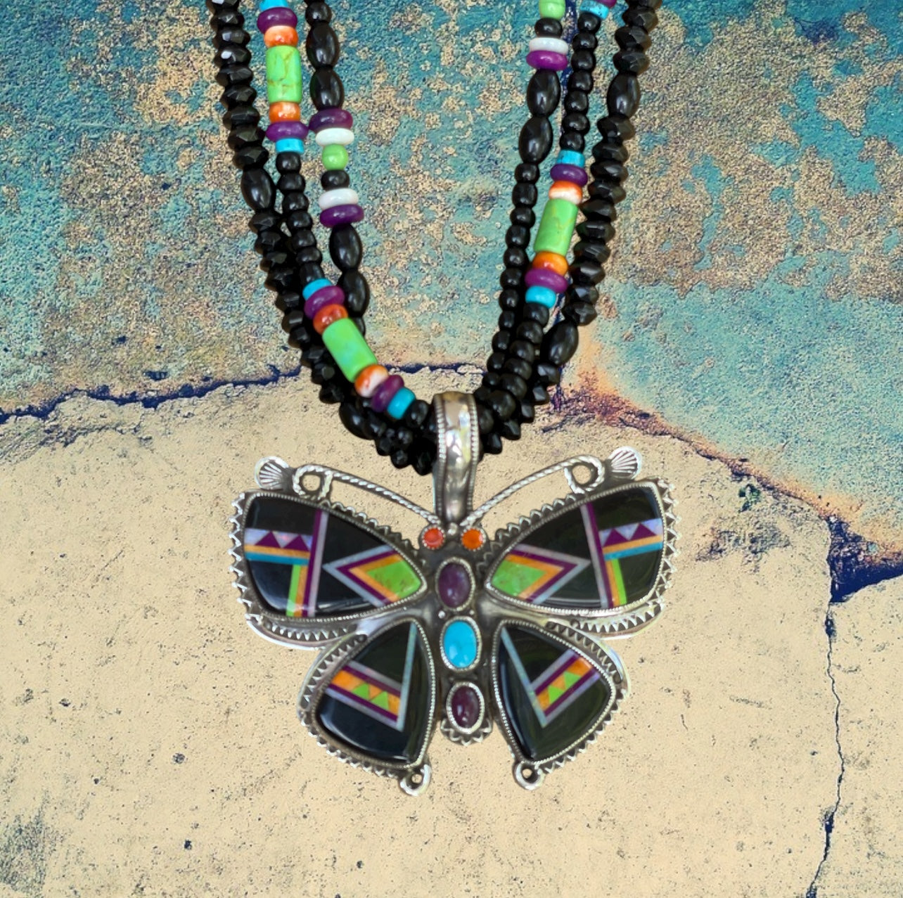 Sterling Silver Jet Butterfly Inlay Pendant with Beaded Necklace
