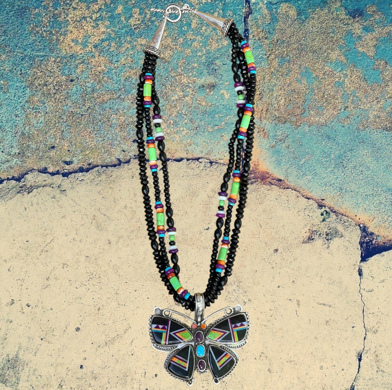 Sterling Silver Jet Butterfly Inlay Pendant with Beaded Necklace