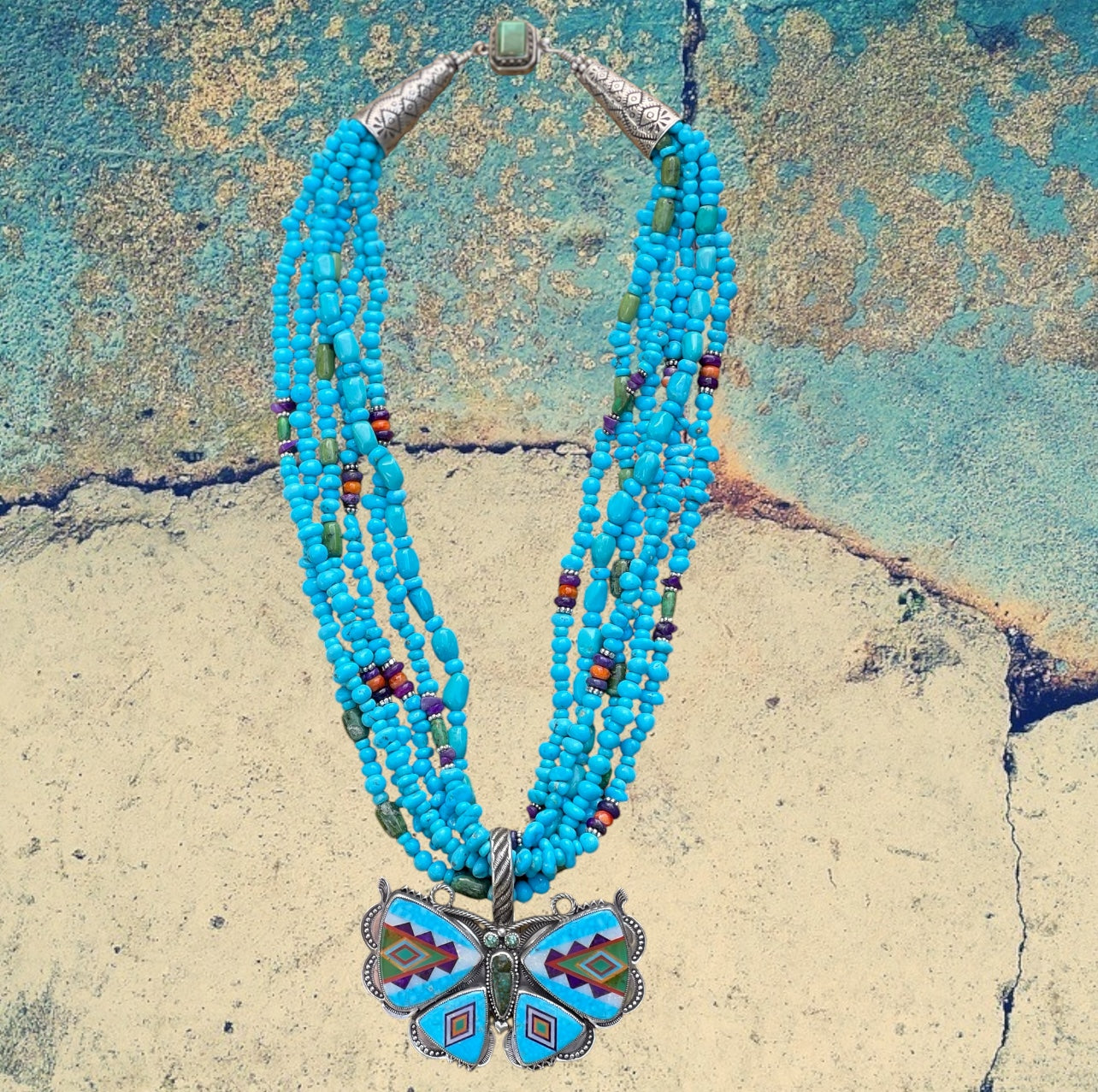Sterling Silver Polychrome Kingman Turquoise Butterfly Inlay Necklace with Multi Strand Turquoise Beads