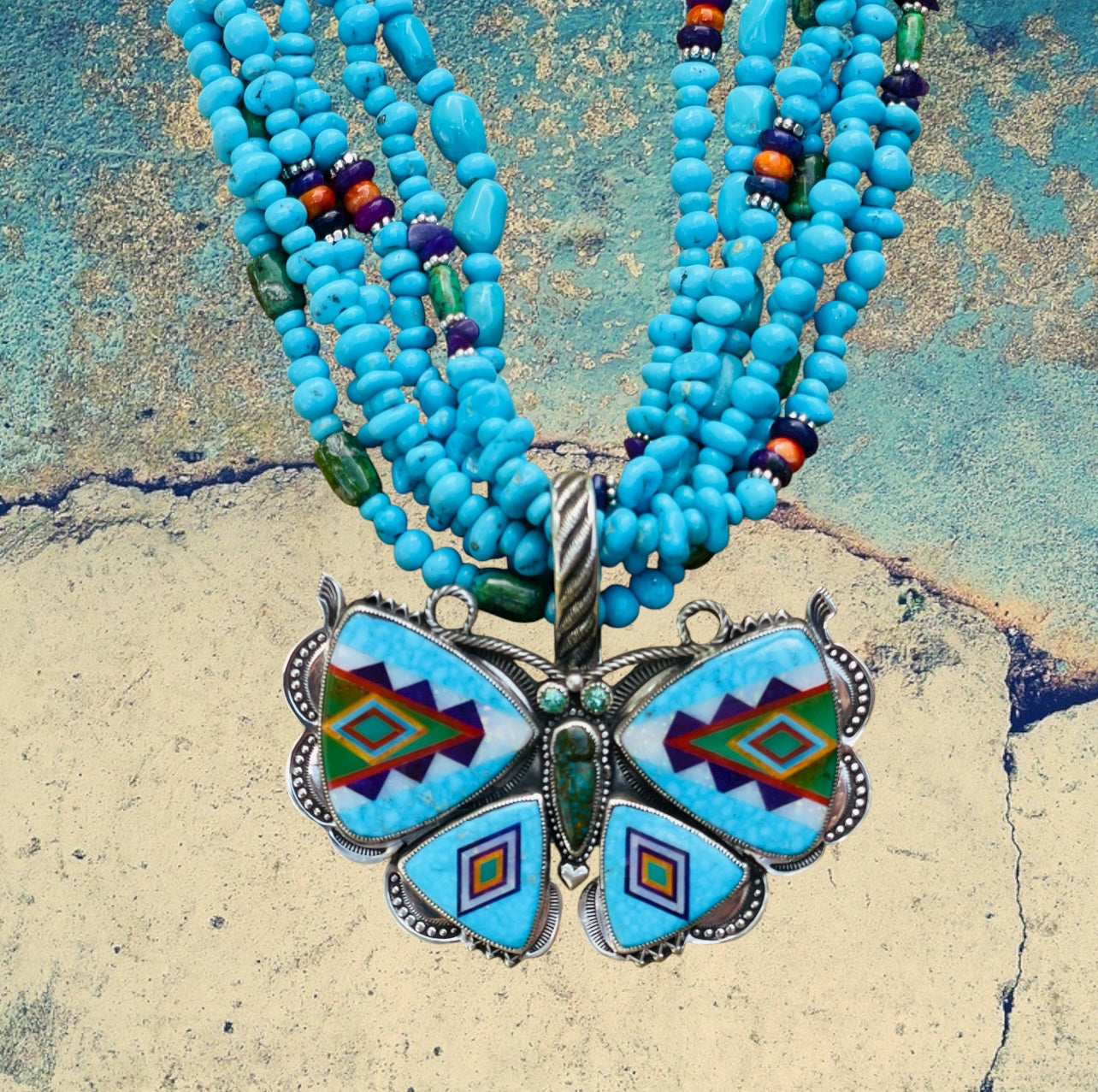 Sterling Silver Polychrome Kingman Turquoise Butterfly Inlay Necklace with Multi Strand Turquoise Beads