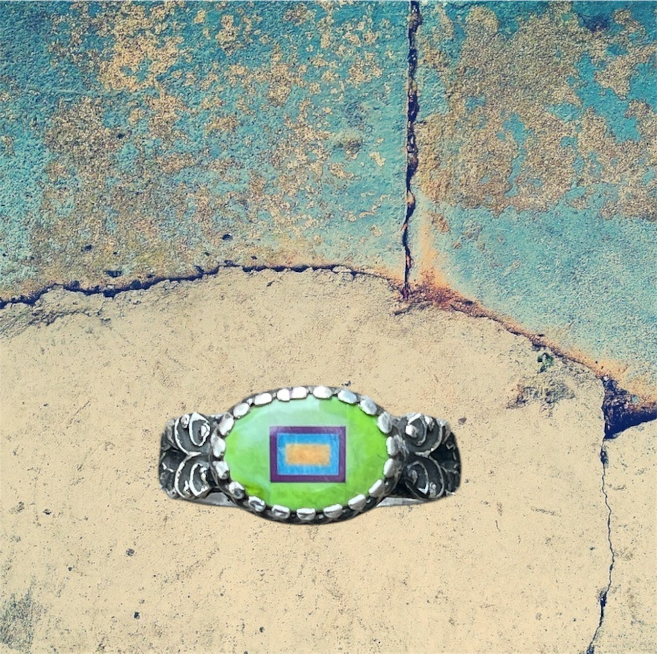 Sterling Silver Oval Green Turquoise Inlay Ring