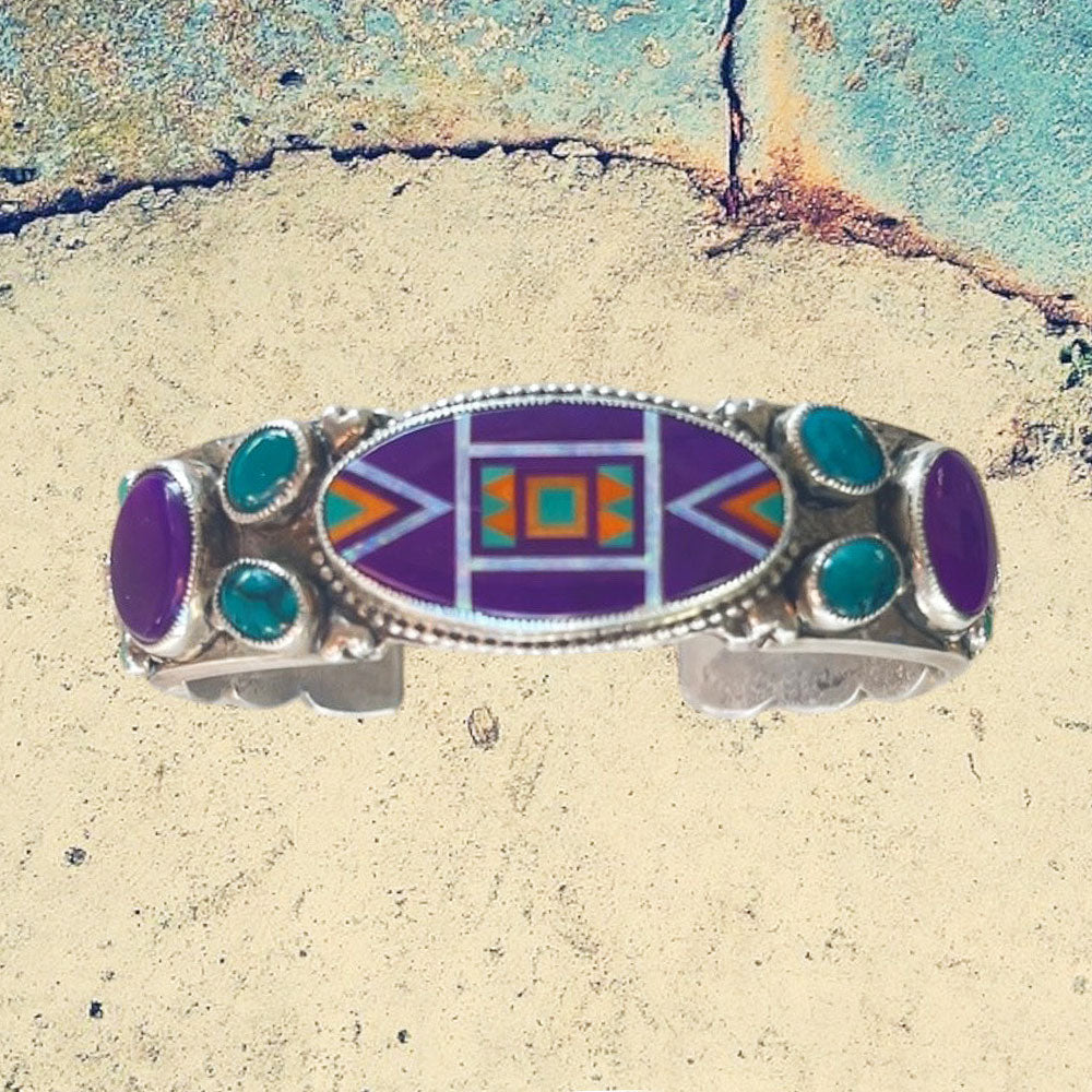 Sterling Silver Fancy Sugilite Oval Inlay with Green Turquoise, Sugilite andOrange Spiny Oyster Shell Hand Stamped Cuff Bracelet