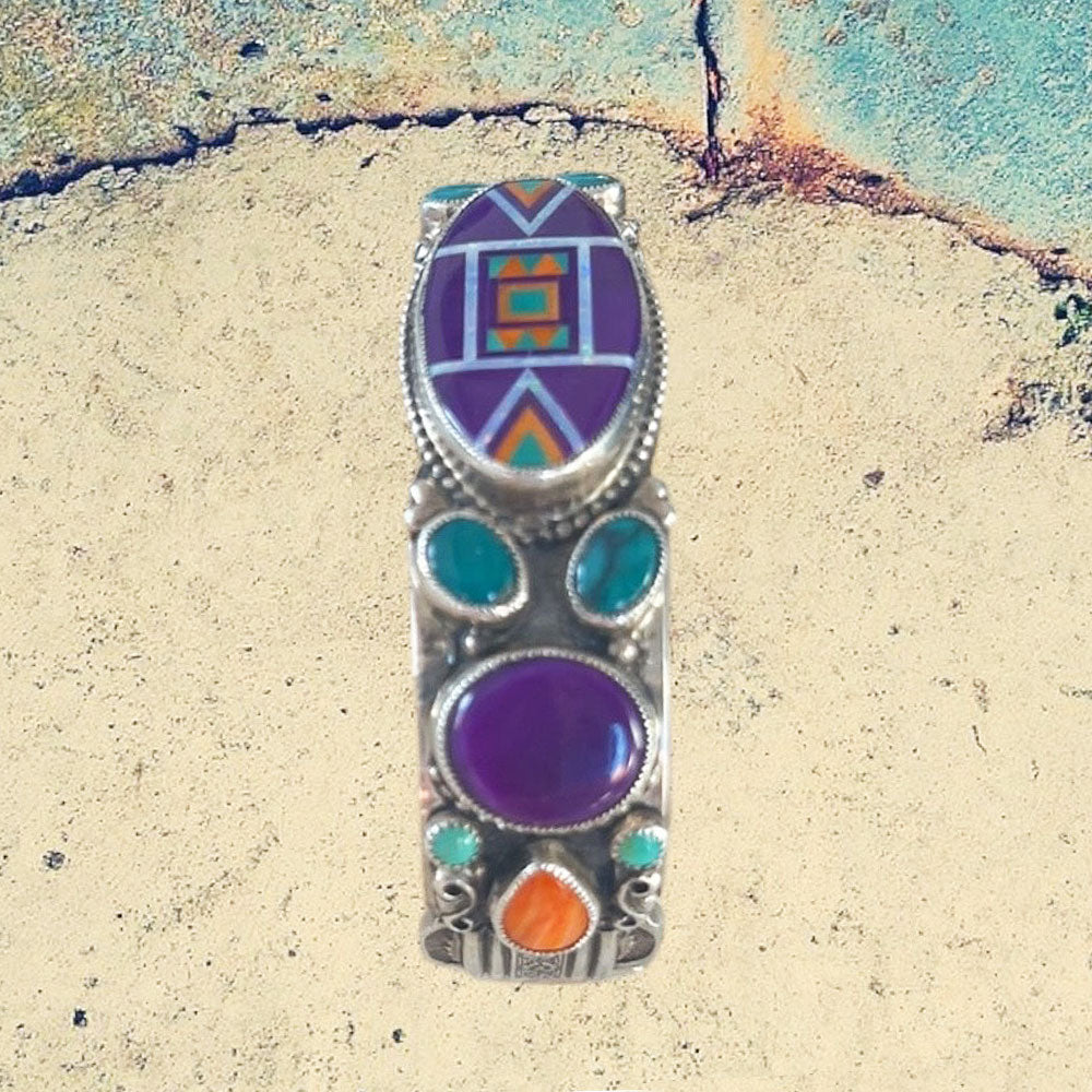 Sterling Silver Fancy Sugilite Oval Inlay with Green Turquoise, Sugilite andOrange Spiny Oyster Shell Hand Stamped Cuff Bracelet