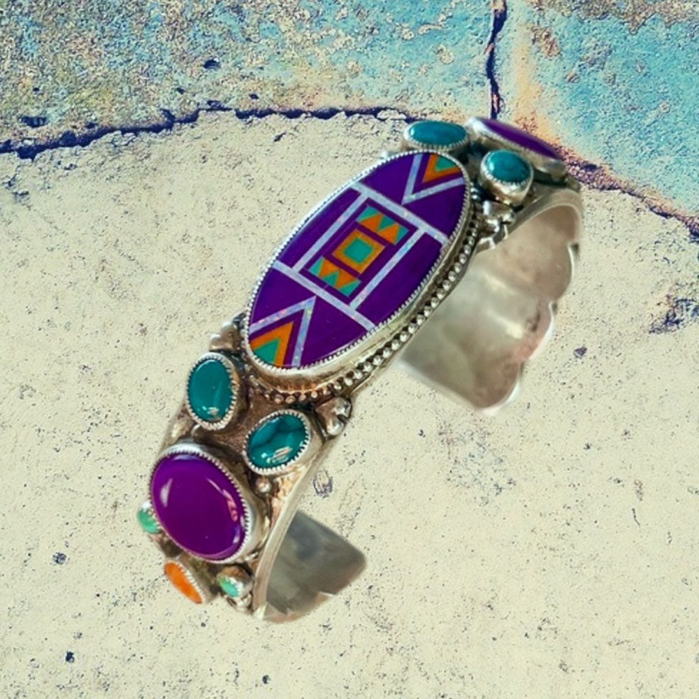 Sterling Silver Fancy Sugilite Oval Inlay with Green Turquoise, Sugilite andOrange Spiny Oyster Shell Hand Stamped Cuff Bracelet
