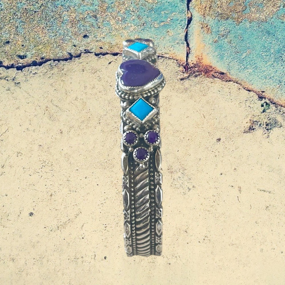 Sterling Silver Sugilite Heart and Turquoise Bracelet