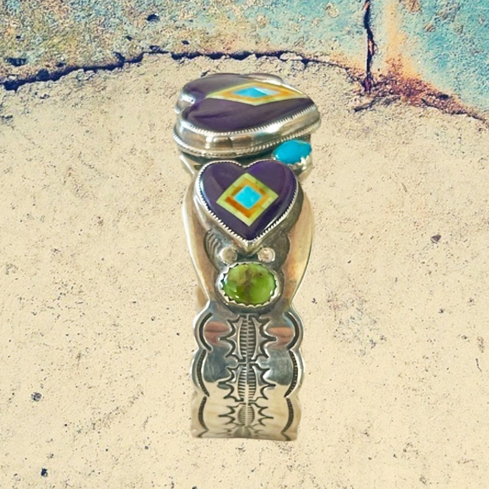 Sterling Silver Large Sugilite Hearts Inlay with Turquoise Hand Stamped Cuff Bracelet