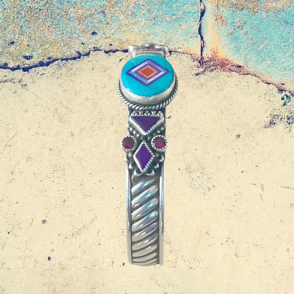 Sterling Silver Blue Turquoise Oval Inlay with Sugilite and Rubies Cuff Bracelet