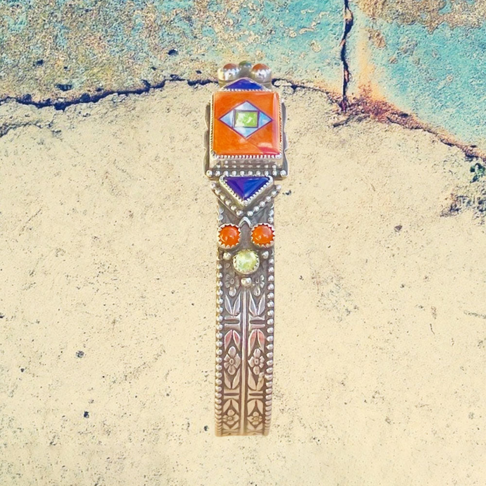 Sterling Silver Orange Spiney Oyster Shell Inlay with Sugilite, Carnelian and Peridot Cuff Bracelet