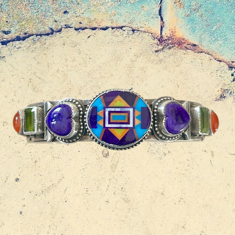 Sterling Silver Fancy Sugilite Oval Inlay with Sugilite, Peridot and Carnelian Bracelet