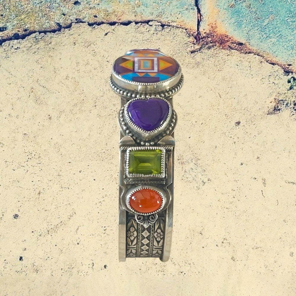 Sterling Silver Fancy Sugilite Oval Inlay with Sugilite, Peridot and Carnelian Bracelet