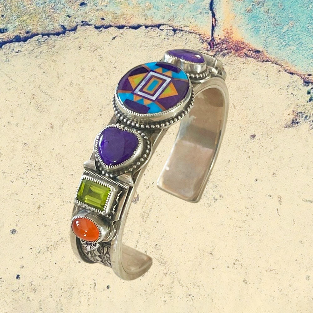 Sterling Silver Fancy Sugilite Oval Inlay with Sugilite, Peridot and Carnelian Bracelet