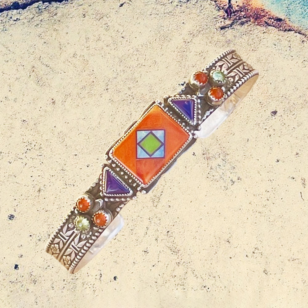 Sterling Silver Orange Spiney Oyster Shell Inlay with Sugilite, Carnelian and Peridot Cuff Bracelet
