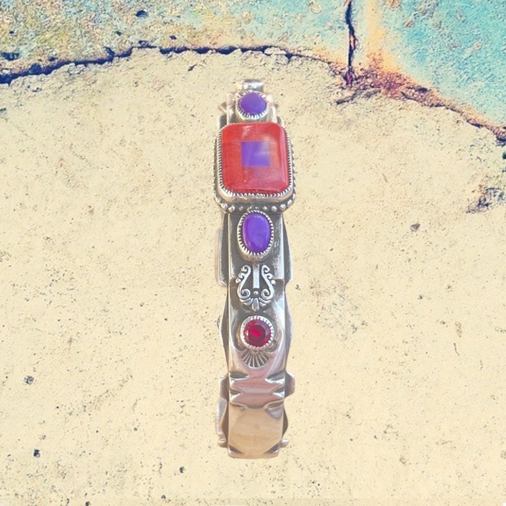 Sterling Silver Red Spiney Oyster Shell Inlay with Sugilite and Amethyst Cuff Bracelet