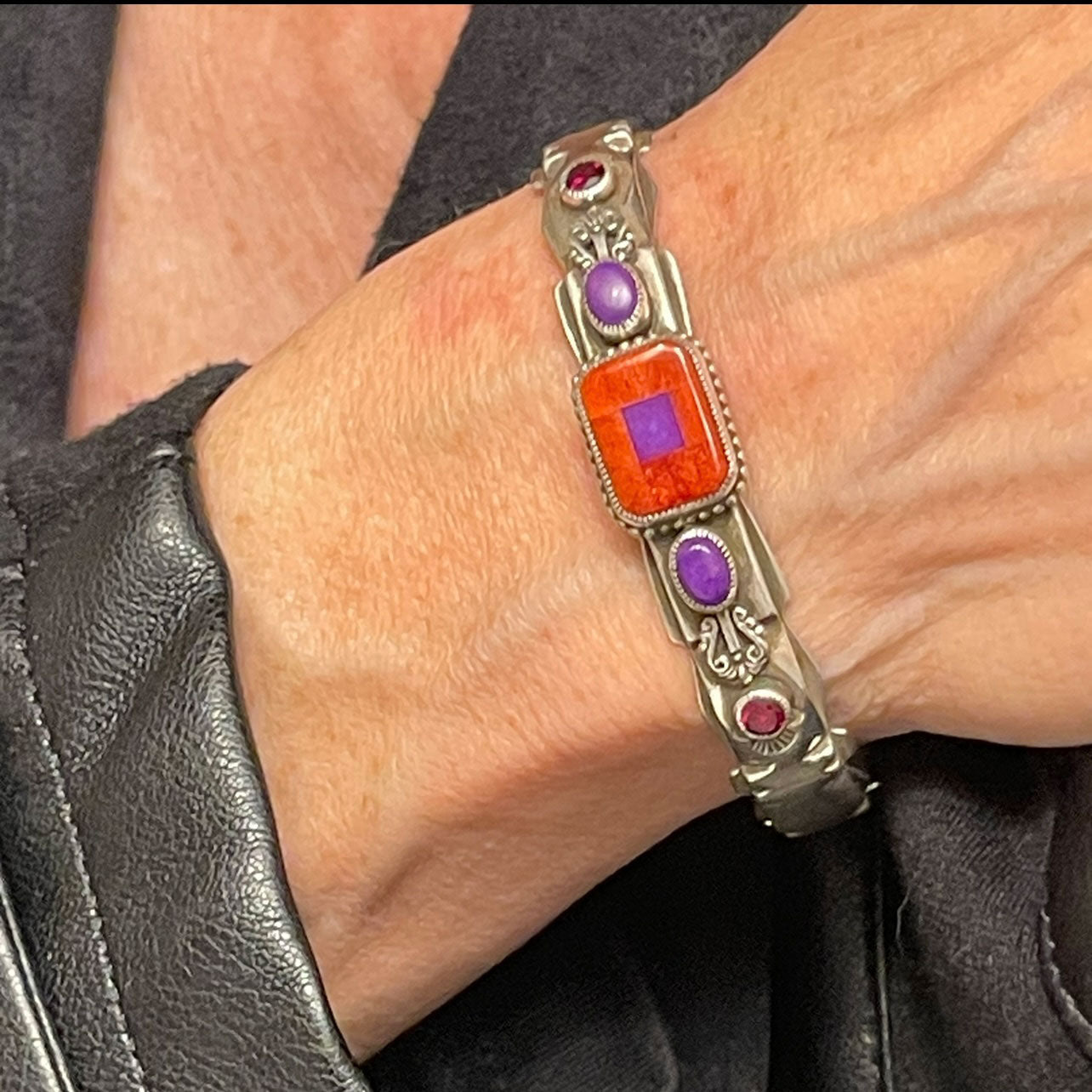 Sterling Silver Red Spiney Oyster Shell Inlay with Sugilite and Amethyst Cuff Bracelet
