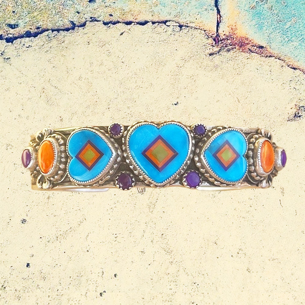 Sterling Silver Turquoise Heart Inlay with Orange Spiney Oyster Shell and Sugilite Cuff Bracelet