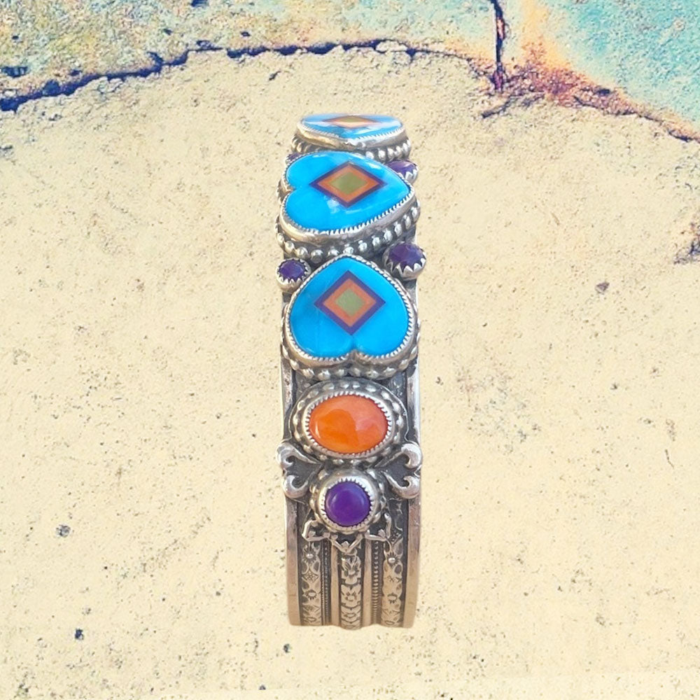 Sterling Silver Turquoise Heart Inlay with Orange Spiney Oyster Shell and Sugilite Cuff Bracelet