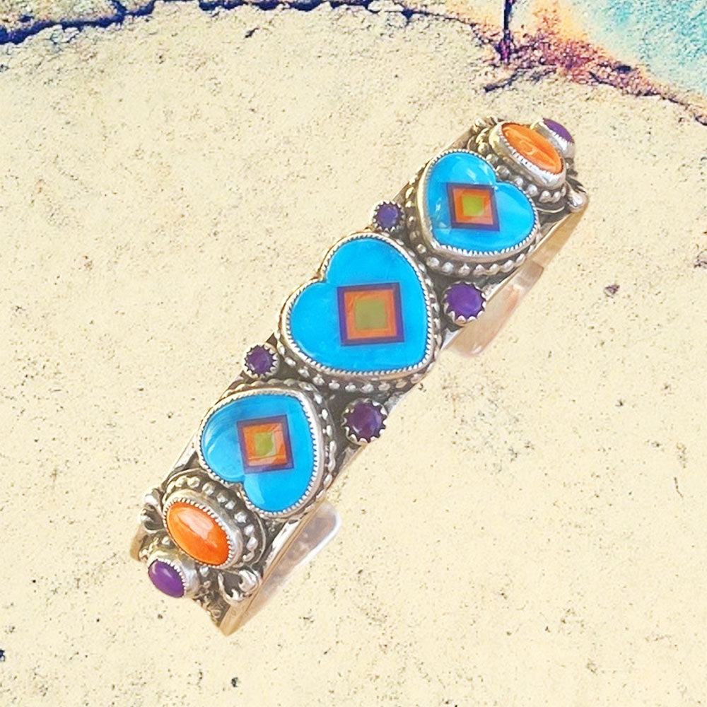 Sterling Silver Turquoise Heart Inlay with Orange Spiney Oyster Shell and Sugilite Cuff Bracelet