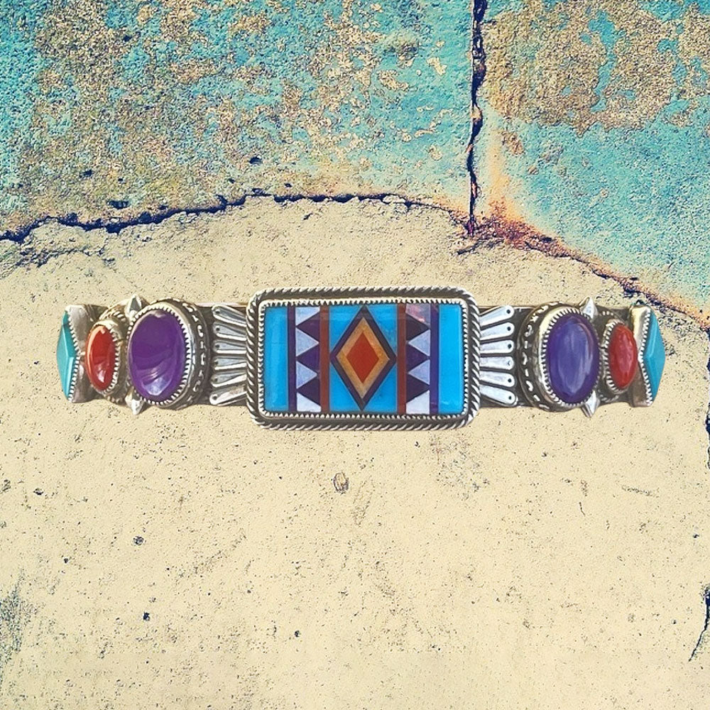 Sterling Silver Fancy Turquoise Inlay with Sugilite and Red Coral Cuff Bracelet