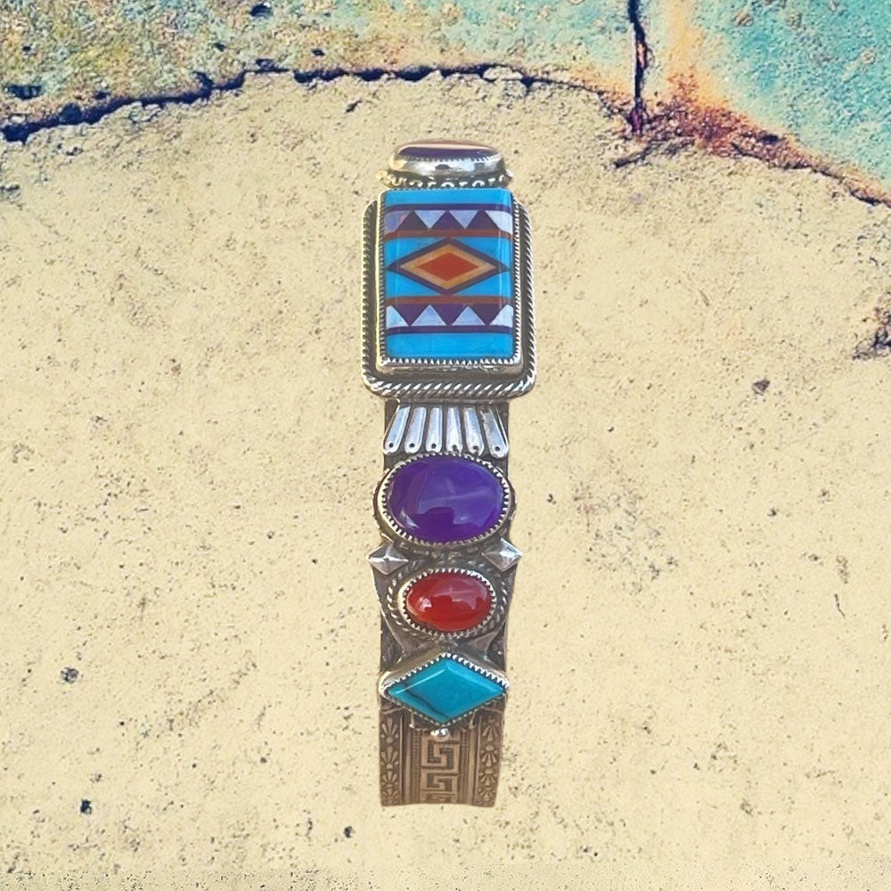Sterling Silver Fancy Turquoise Inlay with Sugilite and Red Coral Cuff Bracelet