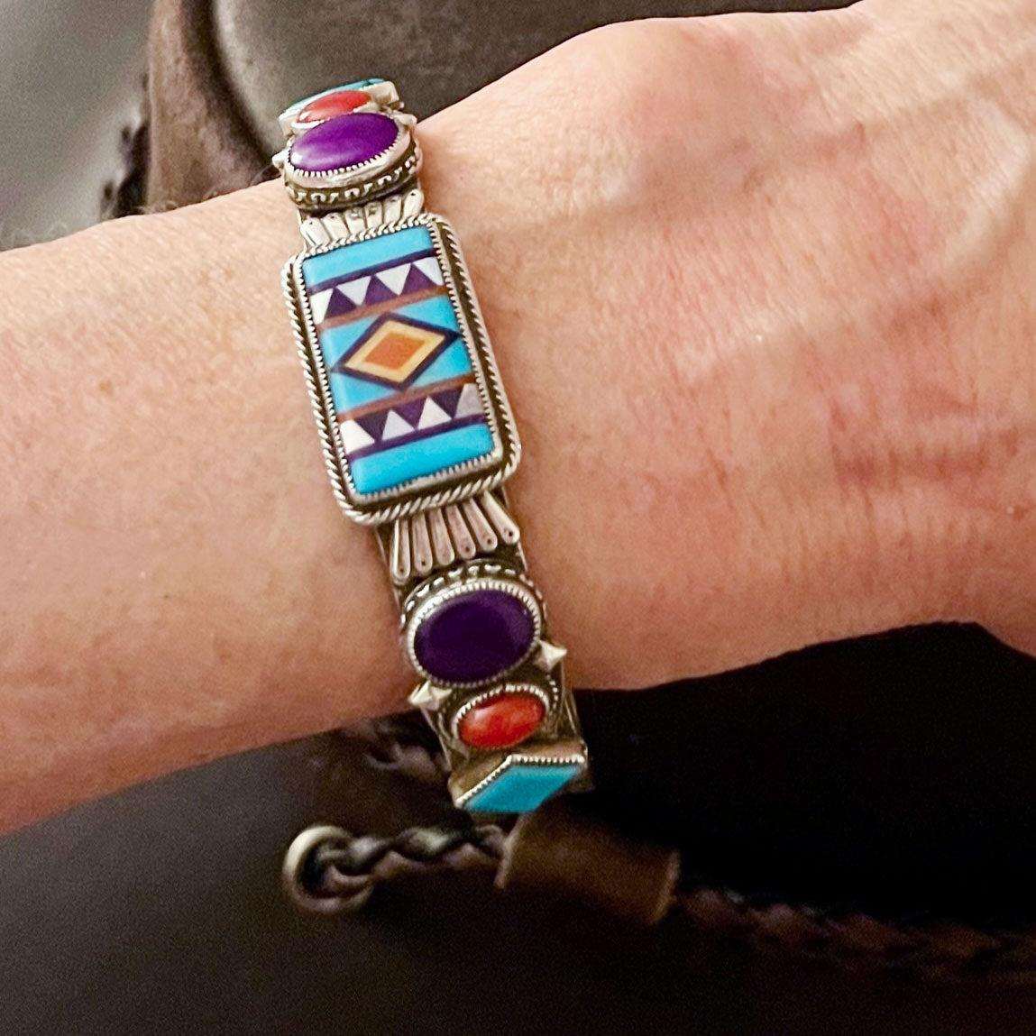 Sterling Silver Fancy Turquoise Inlay with Sugilite and Red Coral Cuff Bracelet