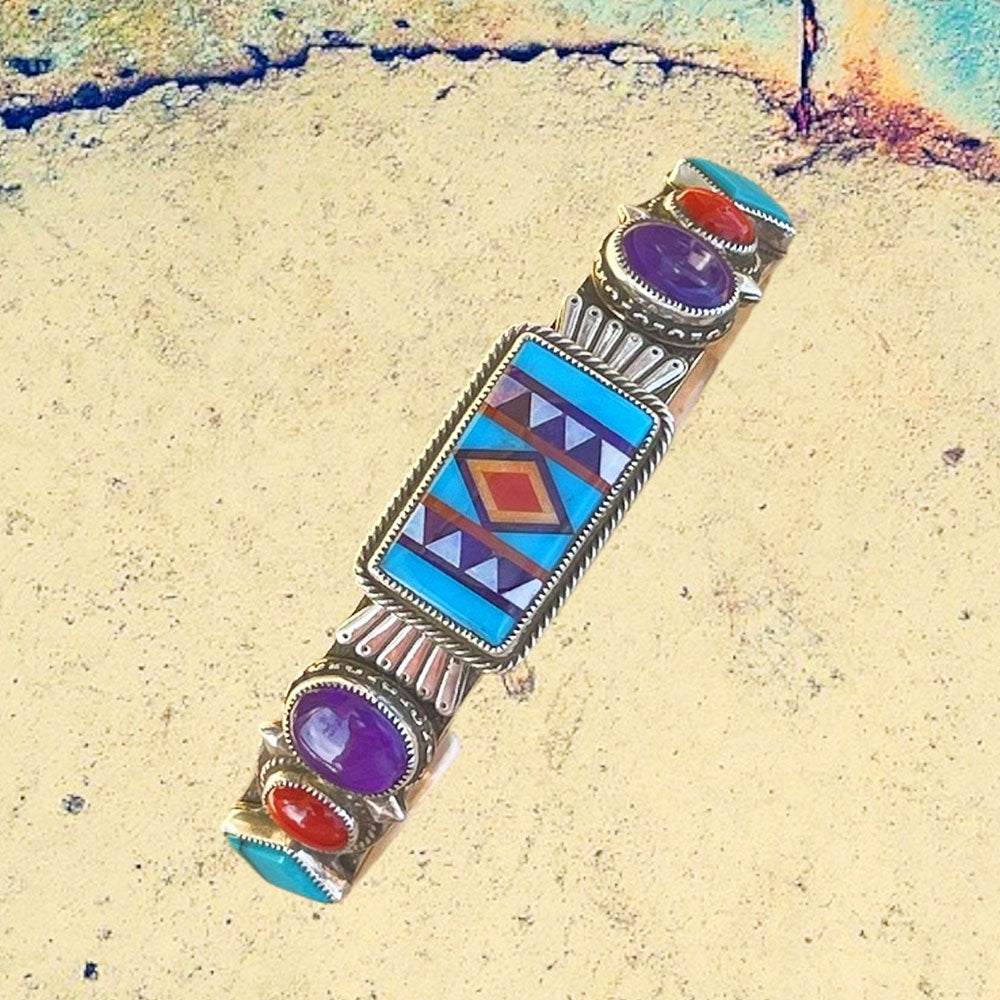 Sterling Silver Fancy Turquoise Inlay with Sugilite and Red Coral Cuff Bracelet