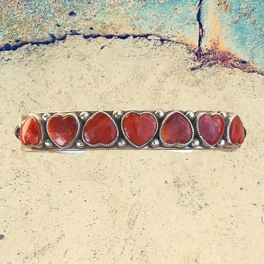 Sterling Silver Red Spiney Oyster Shell Heart Row Bracelet