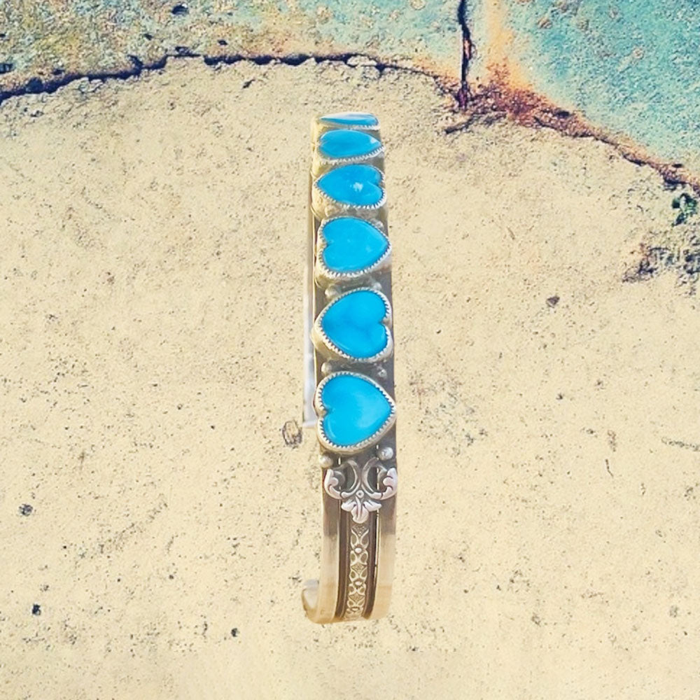 Sterling Silver Kingman Turquoise Heart Row Bracelet